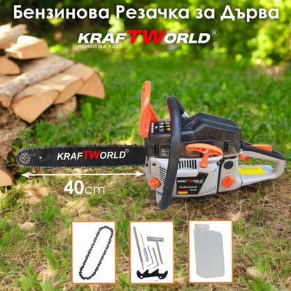 Резачка за Дърва KraftWorld Бензинов Трион с EasyOn Система и Спирачка за Безопасност