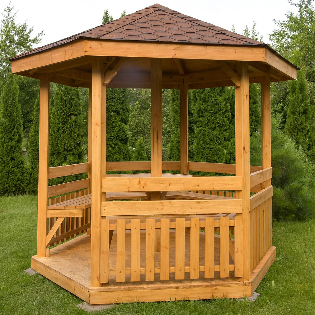Дървена шестоъгълна градинска беседка – масивна конструкция 250×250×300 см