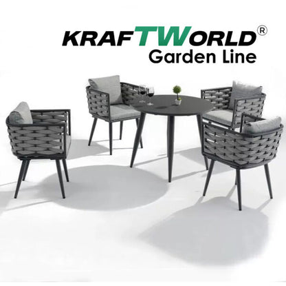 Градински комплект Amalfi: 4 алуминиеви стола с възглавници + маса Ø90 см