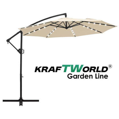 Висящ градински чадър Monaco 3м KraftWorld | Соларено LED осветление | Бежов Лукс | 220g/m²