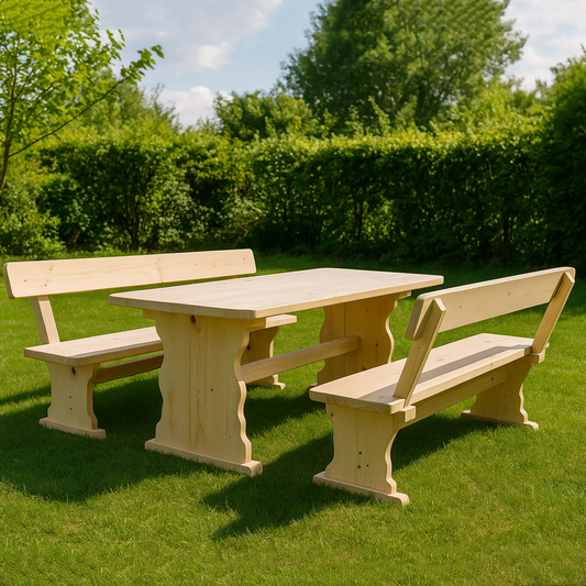 Дървен градински комплект „Баварски“ – маса и две пейки от масив 200×80 см