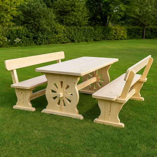 Дървен градински комплект „Баварски“ – маса и пейки с облегалки, масив 200×80 см