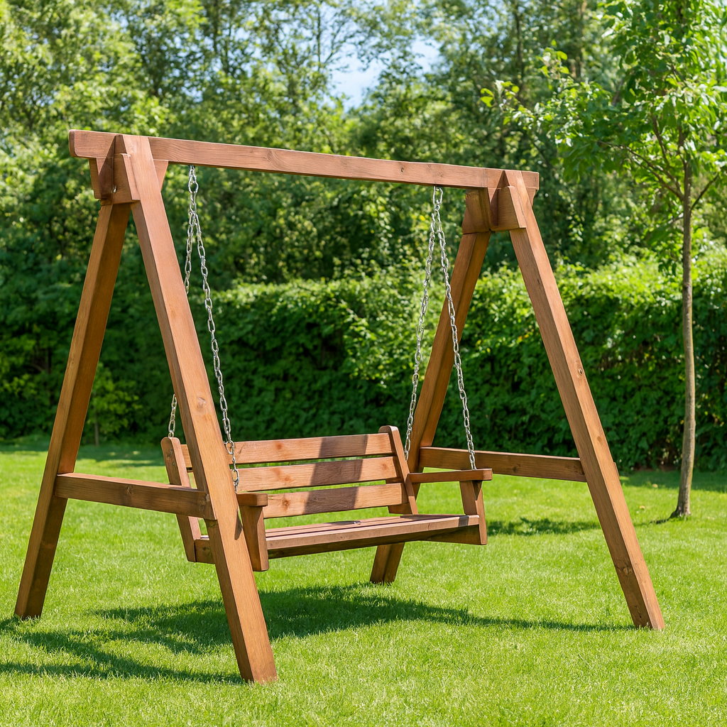 Усилена дървена градинска люлка – масивна конструкция и седалка 130 см