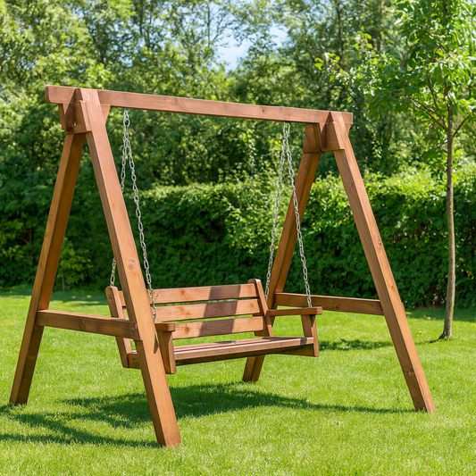 Усилена дървена градинска люлка – масивна конструкция и седалка 130 см