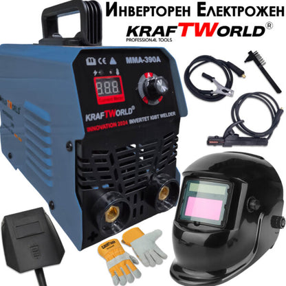 Инверторен Електрожен KraftWorld с Подарък Соларна Маска и Ръкавици – Професионален Комплект