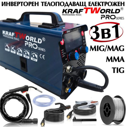 KraftWorld Инверторен Телоподаващ Електрожен 3в1 MIG/MAG/TIG 250A с газ и без газ