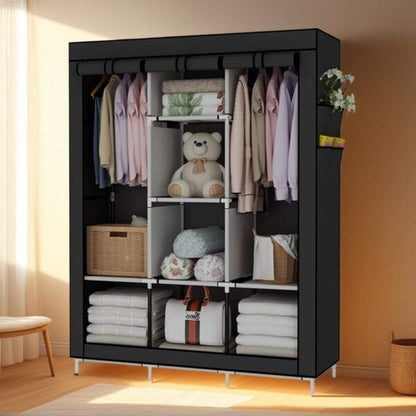 Трикрилен текстилен гардероб с 8 рафта и лост за дрехи