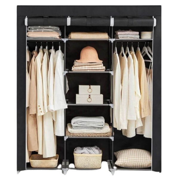 Трикрилен текстилен гардероб с 8 рафта и лост за дрехи