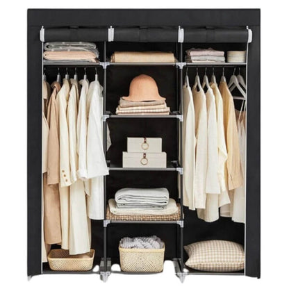 Трикрилен текстилен гардероб с 8 рафта и лост за дрехи