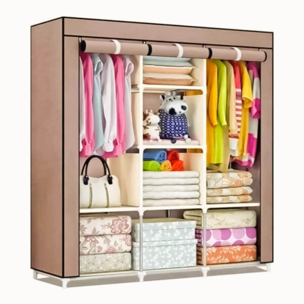 Трикрилен текстилен гардероб с 8 рафта и лост за дрехи