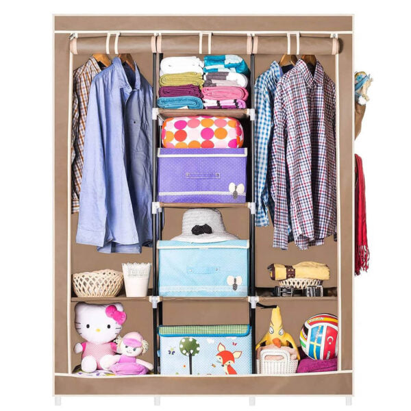 Трикрилен текстилен гардероб с 8 рафта и лост за дрехи