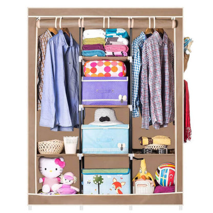 Трикрилен текстилен гардероб с 8 рафта и лост за дрехи