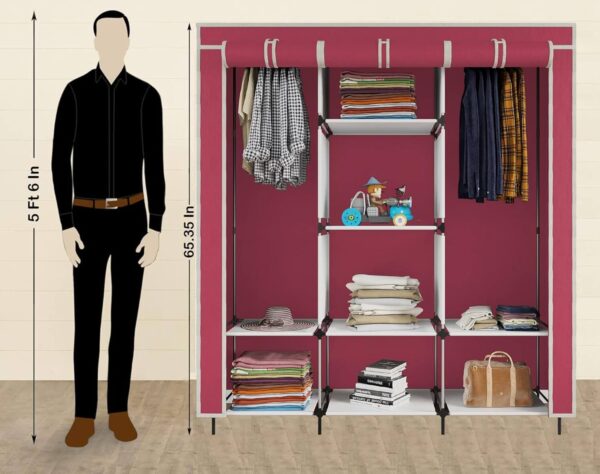 Трикрилен текстилен гардероб с 8 рафта и лост за дрехи