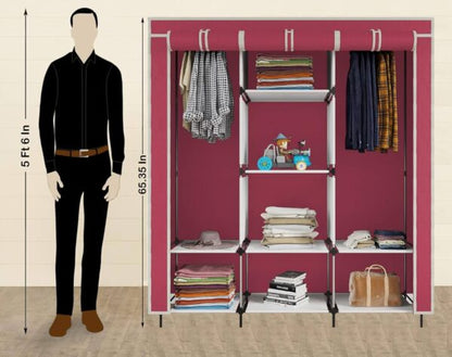 Трикрилен текстилен гардероб с 8 рафта и лост за дрехи