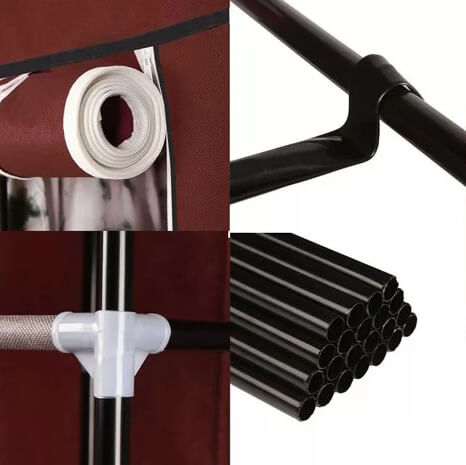 Трикрилен текстилен гардероб с 8 рафта и лост за дрехи