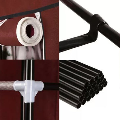 Трикрилен текстилен гардероб с 8 рафта и лост за дрехи