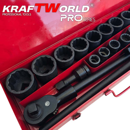 Гедоре 21 части с 12-стенни ударни вложки KraftWorld 3/4″ – професионален комплект за камиони