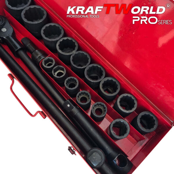 Гедоре 21 части с 12-стенни ударни вложки KraftWorld 3/4″ – професионален комплект за камиони