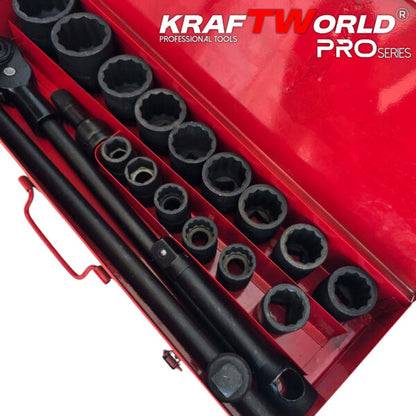 Гедоре 21 части с 12-стенни ударни вложки KraftWorld 3/4″ – професионален комплект за камиони