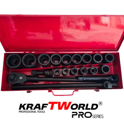 Гедоре 21 части с 12-стенни ударни вложки KraftWorld 3/4″ – професионален комплект за камиони