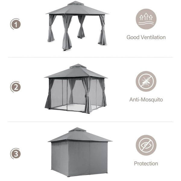 Градински павилион Palermo 3×3м с комарници, завеси и стабилна метална рамка