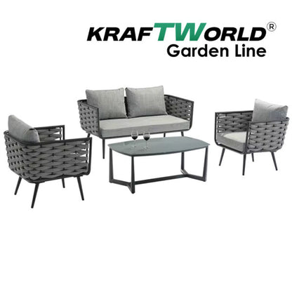 Градински комплект Catania: диван, 2 кресла и маса със стъклен плот и алуминиева рамка