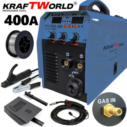 Професионален Инверторен Електрожен KraftWorld 400А с Телоподаващо 2в1 – Компактен и Мощен