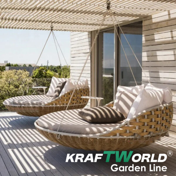 Градинско ратаново легло/люлка Cancun: Ø160 см с възглавници и масичка