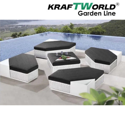 Луксозен Градински Сет Monaco: бял ратан с 4 модула и табуретка/маса с тъмносиви възглавници