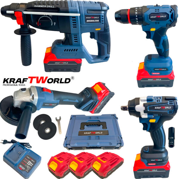 Комплект Акумулаторни Безчеткови Машини 4в1 от Kraftworld Ъглошлайф,Гайковерт,Винтоверт и Перфоратор