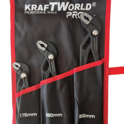 Комплект Водопроводни Клещи тип гарги Kraftworld pro – 3 части 175 мм, 250 мм, 300 мм с калъф