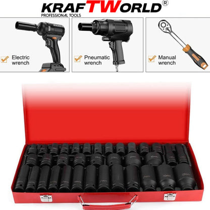 Комплект ударни вложки 35 части KraftWorld – 1/2″, 8–32 мм, шестостенни