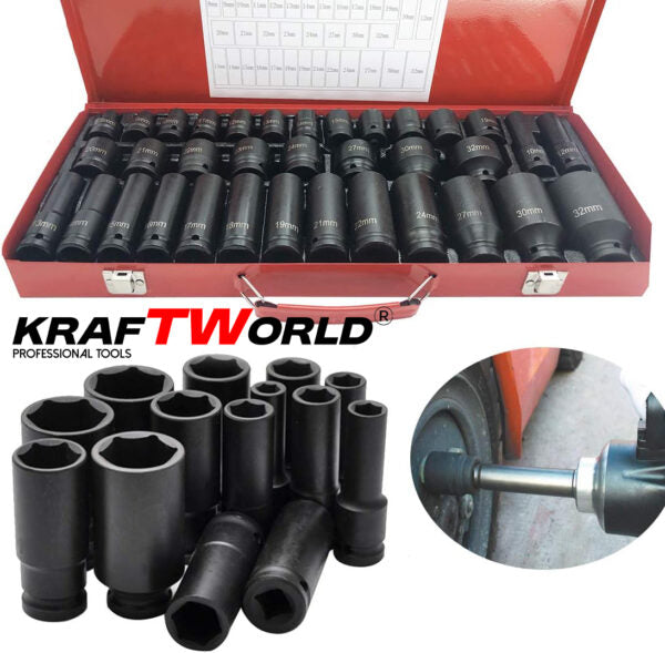 Комплект ударни вложки 35 части KraftWorld – 1/2″, 8–32 мм, шестостенни