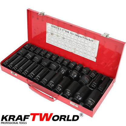 Комплект ударни вложки 35 части KraftWorld – 1/2″, 8–32 мм, шестостенни