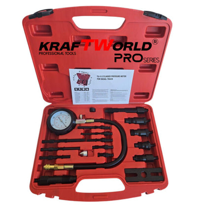 Комплект за измерване на компресия на дизелови двигатели KraftWorld Pro (17 части)