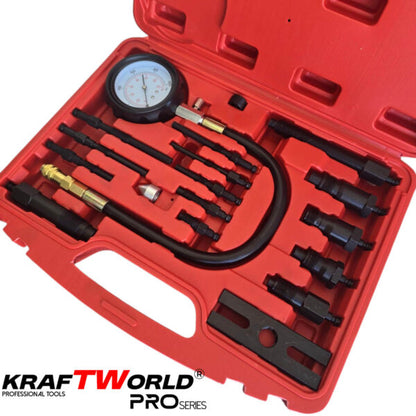 Комплект за измерване на компресия на дизелови двигатели KraftWorld Pro (17 части)