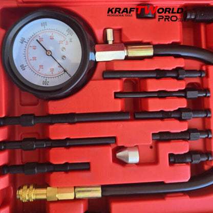 Комплект за измерване на компресия на дизелови двигатели KraftWorld Pro (17 части)