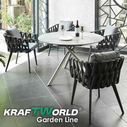 Градински комплект Хага: 4 алуминиеви стола с възглавници + маса Ø90 см