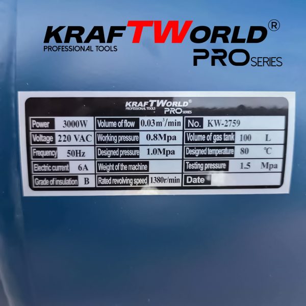 Тих Безмаслен компресор KraftWorld 100 л – 3000W, 8 bar