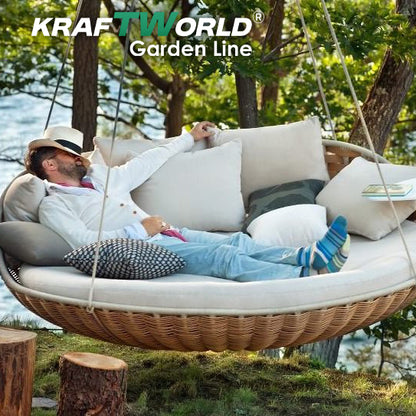 Градинско ратаново легло/люлка Cancun: Ø160 см с възглавници и масичка