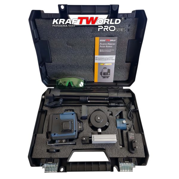 Лазерен нивелир Кraftworld 4×360° с тъчскрийн бутони, дистанционно и тринога в куфар