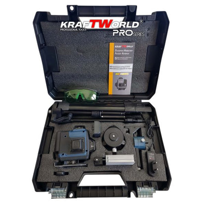 Лазерен нивелир Кraftworld 4×360° с тъчскрийн бутони, дистанционно и тринога в куфар