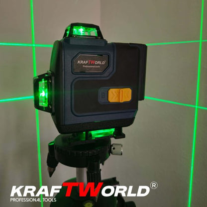 Лазерен нивелир Кraftworld 4×360° с тъчскрийн бутони, дистанционно и тринога в куфар
