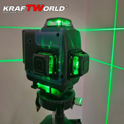 Лазерен нивелир Кraftworld 4×360° с тъчскрийн бутони, дистанционно и тринога в куфар