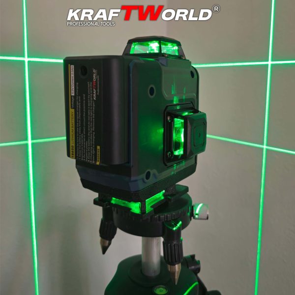 Лазерен нивелир Кraftworld 4×360° с тъчскрийн бутони, дистанционно и тринога в куфар