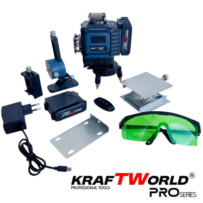 Лазерен нивелир Kraftworld PRO 4×360° с тъчскрийн дисплей, дистанционно и пълен комплект в куфар