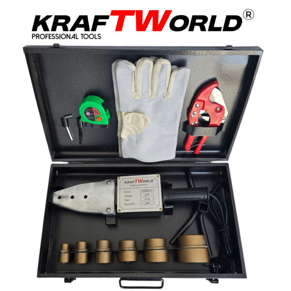 Поялник за полипропиленови тръби Ф20–63 мм KraftWorld 2500W Лепачка за ППР + ножица и ръкавици