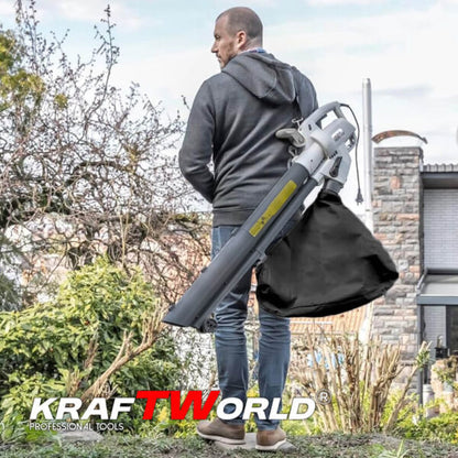 Електрически листосъбирач KraftWorld 3000W – Издухване, Засмукване, Раздробяване + Подарък втора торба