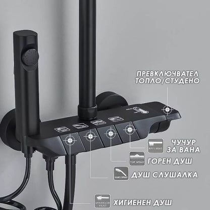 Душ система Luno с термостат и LED дисплей – тропически душ, ръчен и хигиенен душ