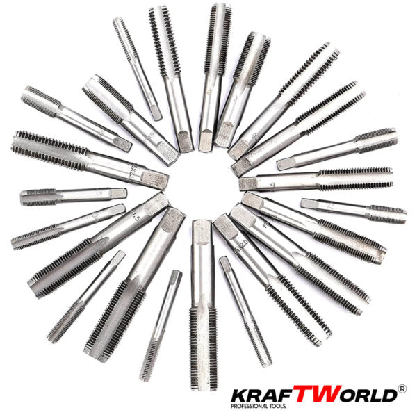 Комплект 110 части за резба KraftWorld | Метчици и плашки в куфар